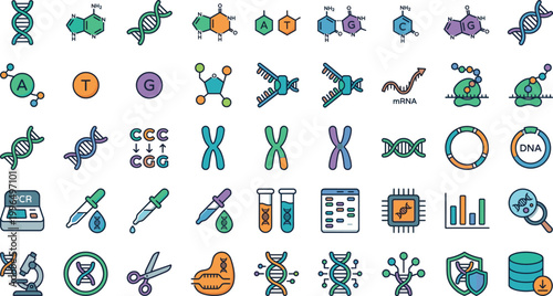 Genetics DNA vector icon set with molecular biology gene sequencing laboratory research biotechnology and science symbols colorful flat design isolated on white background