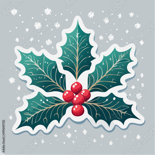 Christmas Holly with Red Berries and Snowflakes