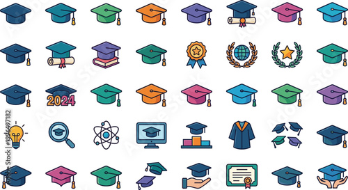 Graduation cap vector icon set with academic hats diplomas education achievements and university symbols colorful flat design isolated on white background