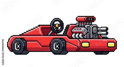 Retro Pixel Art Red Hot Rod Car Illustration.
