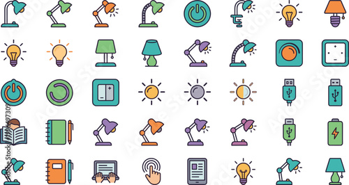 Lighting and electricity vector icon set with lamps bulbs switches plugs energy devices and home illumination symbols isolated on white background design
