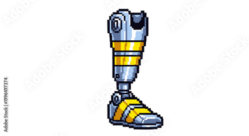 Pixel Art Robotic Prosthetic Leg with Yellow Accents.