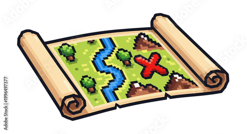 Pixelated Treasure Map with Red X Marking the Spot.