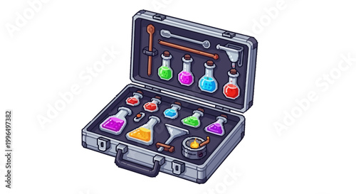 Portable Chemistry Lab Kit with Colorful Potions and Tools.