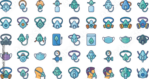 Respirator mask vector icon set with gas masks safety respirators medical face masks and protective equipment symbols isolated on white background design
