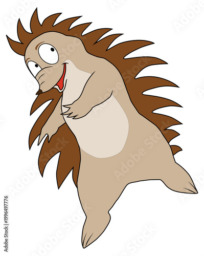A funny hedgehog is dancing and smiling