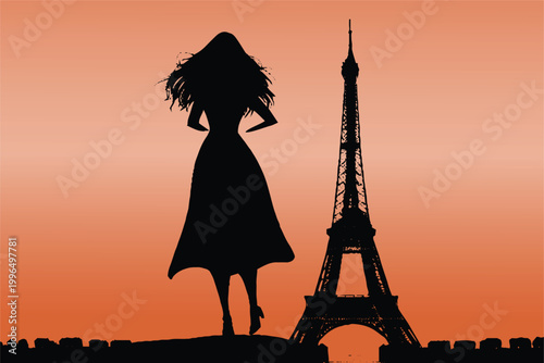 Illustration of a woman standing with the Eiffel Tower in the background