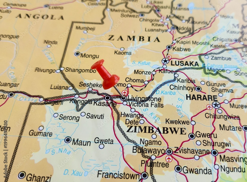 Obraz premium View of Livingstone, is a city in Southern Province, Zambia, on a geographical map of Africa, marked with red push pin