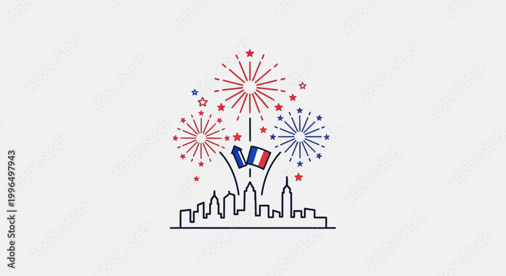 Fototapeta premium French Flag Fireworks over Skyline Celebration Vector Illustration