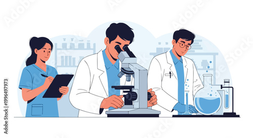 Professional researchers in lab coats work in a laboratory, utilizing a microscope and chemical glassware for medical and scientific discovery.