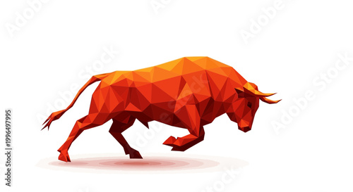 Geometric Bull Sculpture, Low Poly Style, Red Orange Gradient, Dynamic Pose