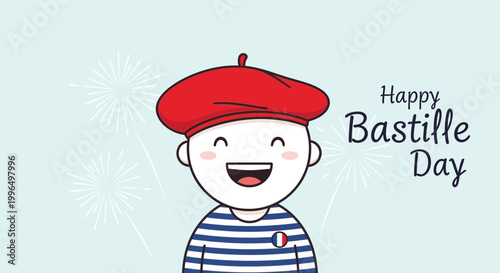 Tableau sur toile Happy Bastille Day Cartoon Character with French Flag and Fireworks