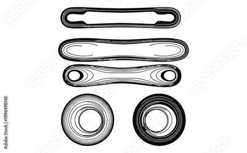 A detailed illustration of various metal washers and gaskets on a white background