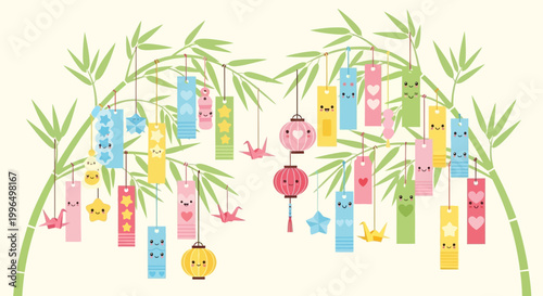 Japanese Tanabata Festival Decorations on Bamboo Branches