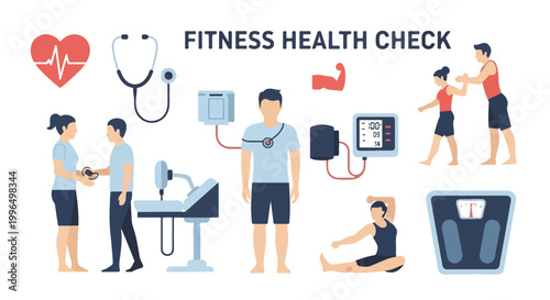 Illustrative infographic featuring various fitness health check elements like medical tools, icons, and people undergoing physical assessments.
