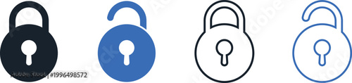 Security Padlock Icons. Locked and Unlocked States in Solid and Outline.