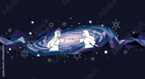 Two women reaching out in a cosmic galaxy with stars and geometric patterns