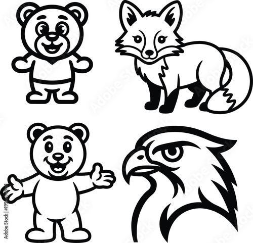 cute cartoon bear fox and eagle set isolated on white background