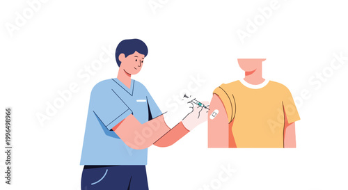 A healthcare professional in blue scrubs is shown carefully administering a vaccination into the upper arm of a patient wearing a yellow shirt.