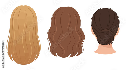 Back View of Three Women with Different Hairstyles Vector Illustration