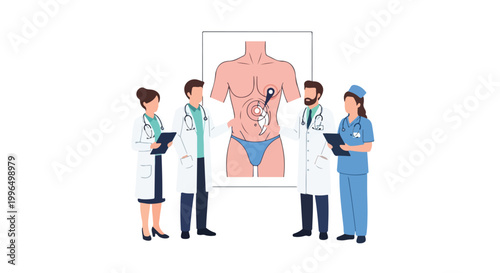 A group of medical professionals in white coats and scrubs gather around an anatomical diagram of a male torso to discuss a patient's health.