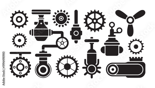 Set of industrial machine parts and mechanical gears in black silhouette on white background.
