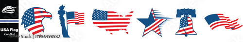 USA Flag . Vector of American flags flat images of different shapes of USA symbols. American flag and star vector icons collection with stripes and shapes design elements in black and white style. Fla