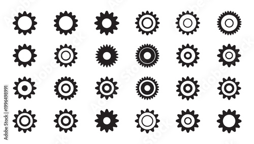 Set of twenty four distinct gear icons featuring varied center designs on white backdrop.