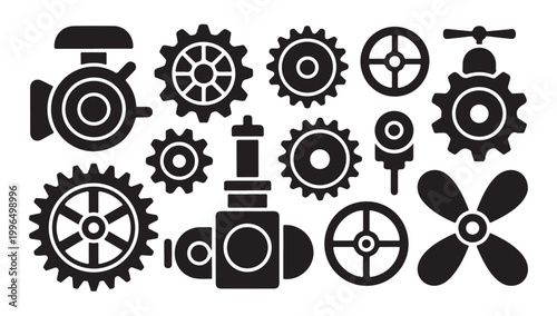 Collection of various mechanical machine parts gears and valves in black silhouette design.