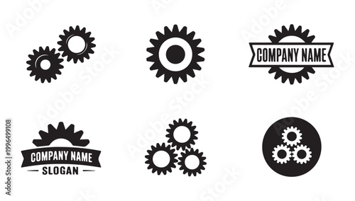 Company branding logos with industrial gear elements for manufacturing and repair business.