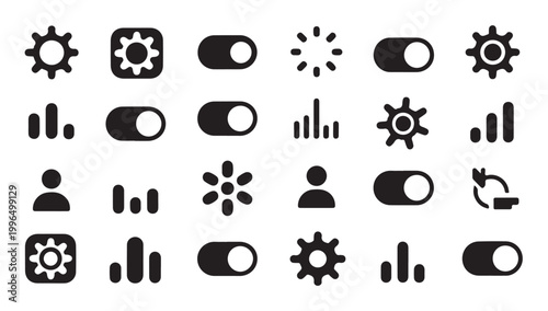 User interface icons set, settings, controls, graphs, and toggles vector collection.