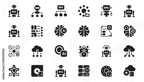 Robot automation RPA technology icons brain AI and cloud computing network system.