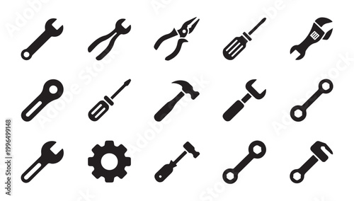 Wrench pliers screwdriver hammer and gear tools set for repair and construction.