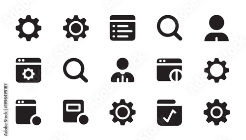 User account and web browser setting icons for computer interface and software applications.