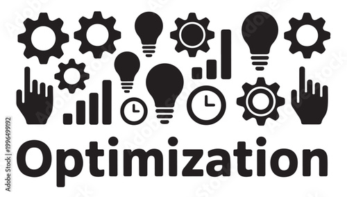 Marketing optimization and management icons with growth graphs and innovative lightbulb set.