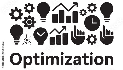Business optimization concept with lightbulbs gears and growth charts for strategic success.