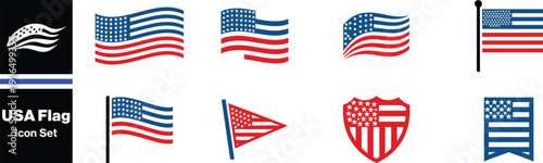USA Flag . Vector of American flags flat images of different shapes of USA symbols. American flag and star vector icons collection with stripes and shapes design elements in black and white style. Fla