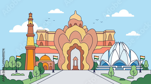 Indian Monuments Sketch Republic Day Poster January Vector Illustration