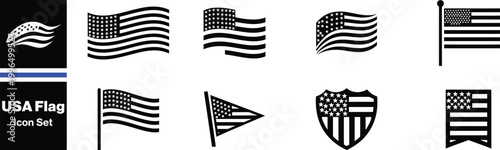 USA Flag . Vector of American flags flat images of different shapes of USA symbols. American flag and star vector icons collection with stripes and shapes design elements in black and white style. Fla