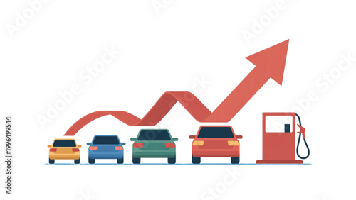 Gas station traffic queue illustration with multiple cars waiting for fuel, rising price arrow and inflation concept flat vector