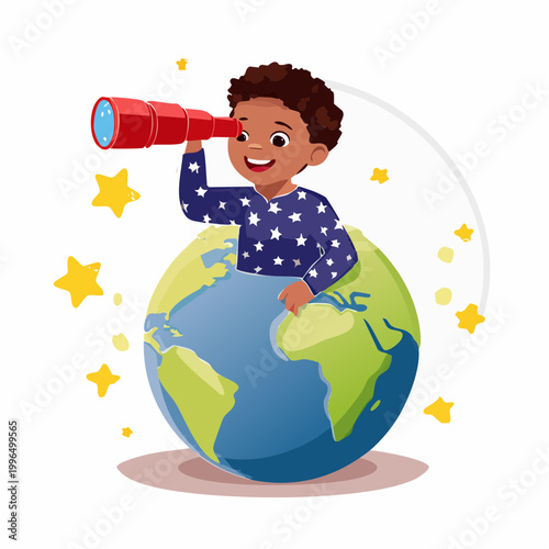 Child looking through telescope on top of the Earth