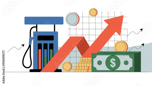 Fuel price increase illustration showing red car, gas station pump and upward arrow with money flow representing inflation concept