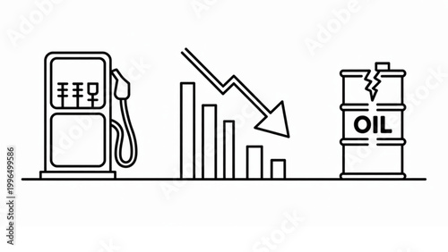 Global oil crisis vector set showing fuel scarcity, declining economy graphs, energy disruption symbols in simple line art style