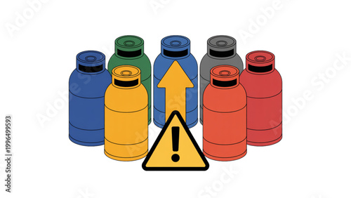 Fuel shortage concept with multiple gas cylinders representing increasing energy prices and supply crisis flat vector design