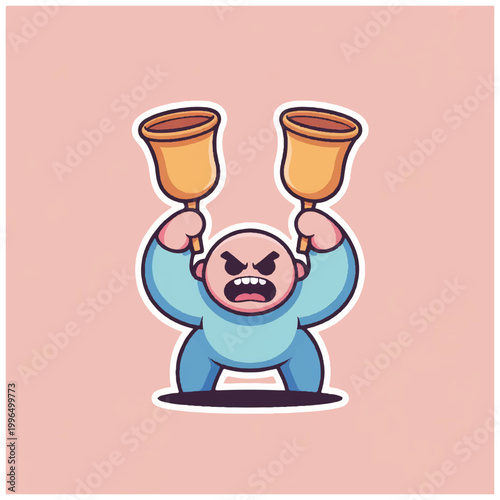 Angry cartoon character holding two toilet plungers.