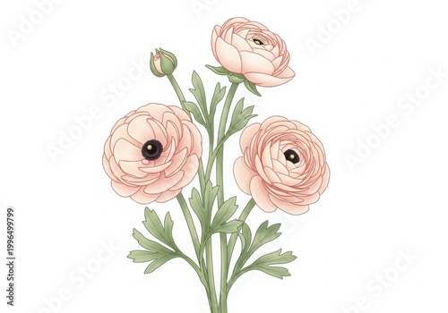 Watercolor ranunculus flowers in soft pastel shades