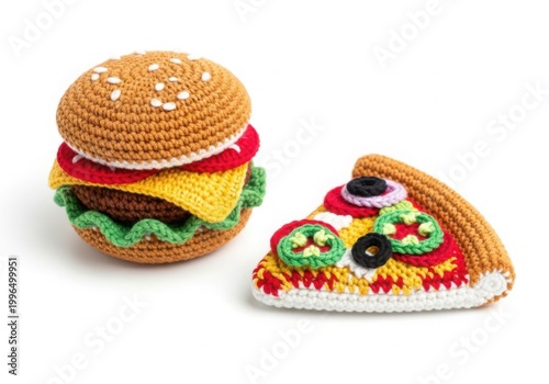 Colorful crocheted food toy set with burger and pizza