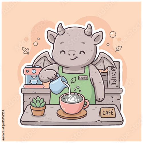 Cute Cartoon Baby Dragon Barista Making Coffee in Cafe Scene.