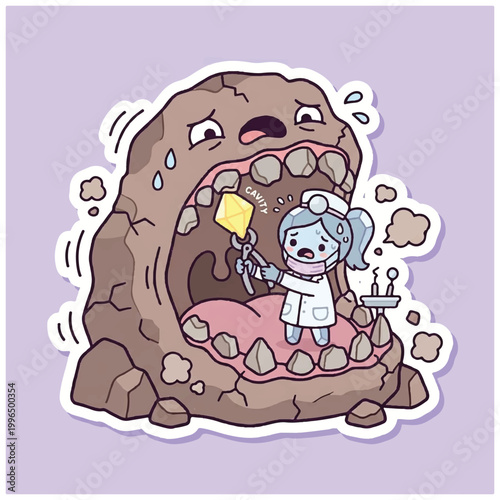 Cute Cartoon Dentist Treating a Monster Mouth.