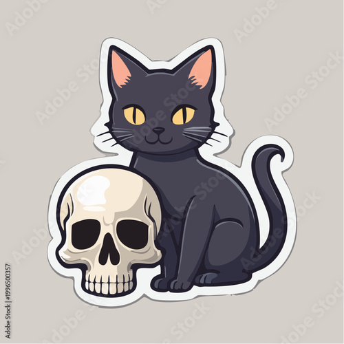 Cute Black Cat Sitting Next to a Skull